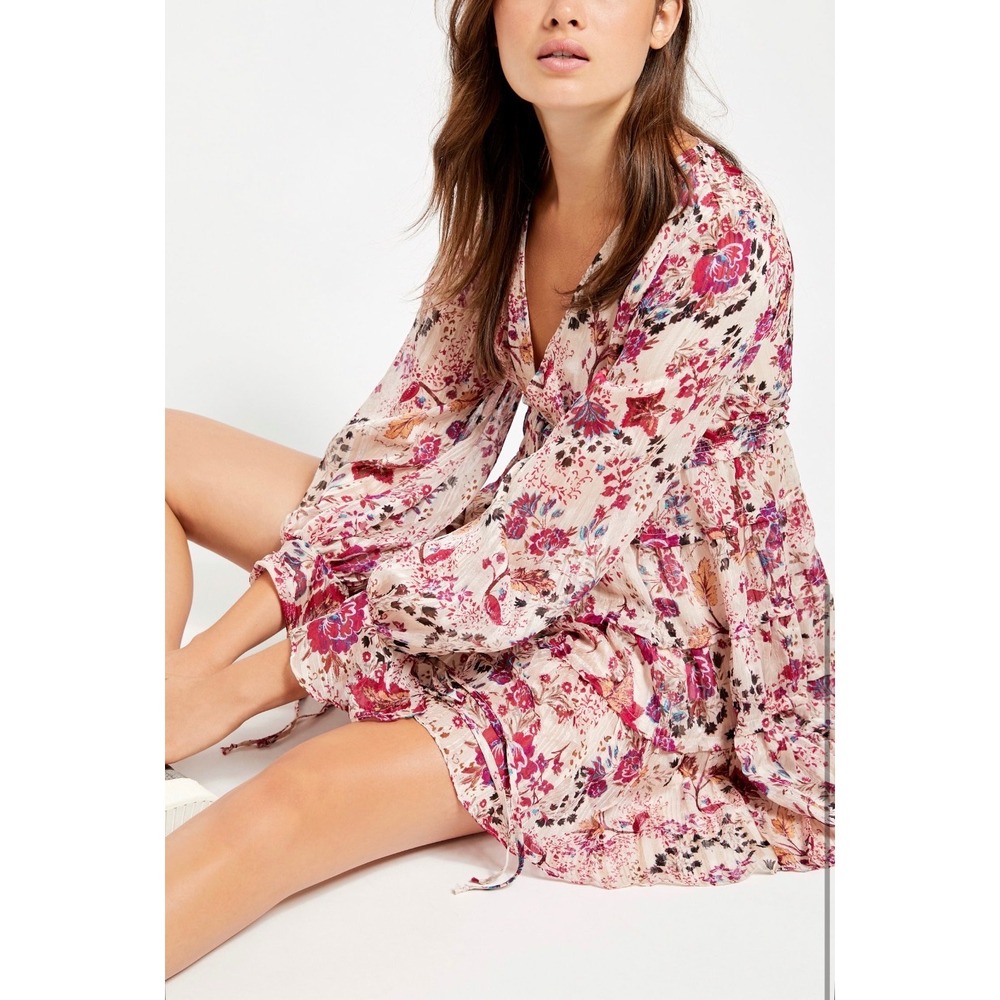 Free People Closer to the Heart Mini Dress Cream Pink Floral Tiered V-Neck L